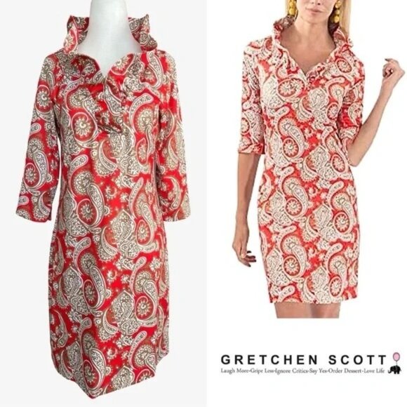 size M 8/10 NWT Gretchen Scott Ruffle neck Sheath Dress Plentiful Paisley Orange - Picture 1 of 12
